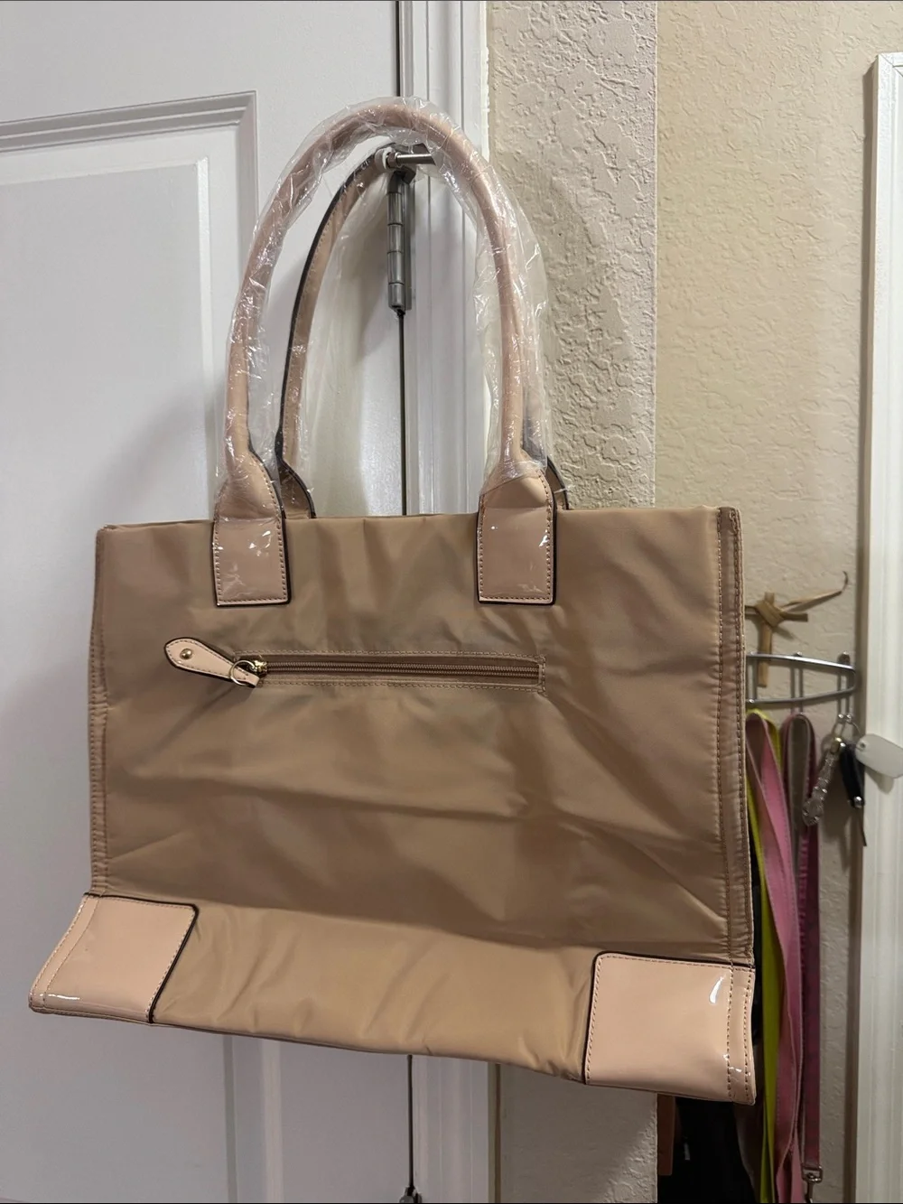TB Tan Logo Tote with Patent Trim
